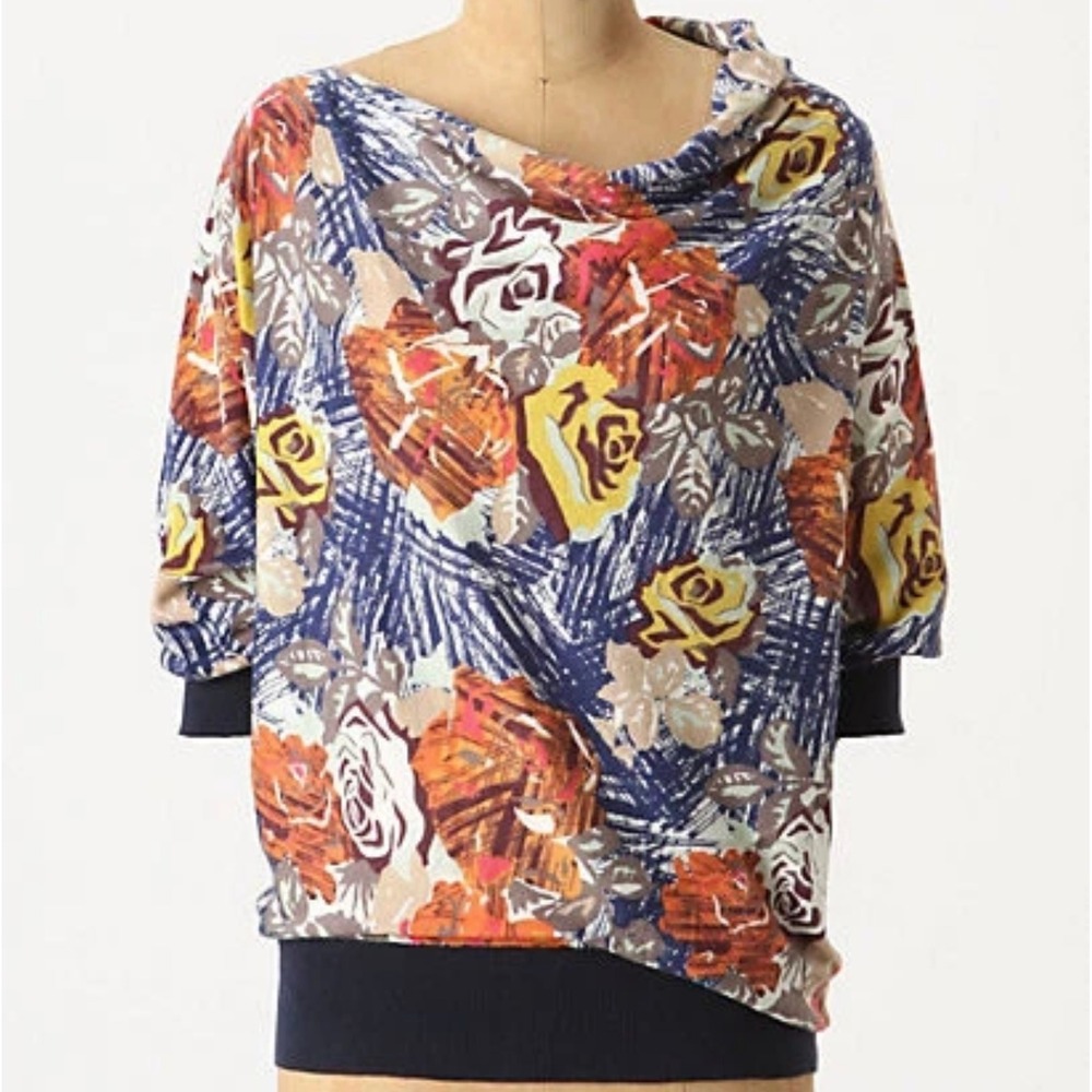 Sparrow Anthropologie Floral Cowl Neck Dolman Top Navy Blue Rose Knit Medium